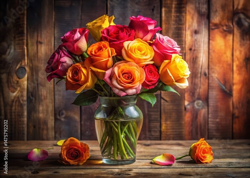 Vibrant Multicolored Roses in Vase on Rustic Wooden Table - Stock Photo