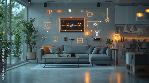 Smart Home Technology, Futuristic Living Room Design with Integrated IoT Devices