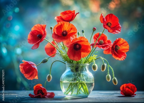 Vibrant Red Poppies in Clear Glass Vase - Candid Still Life Photography