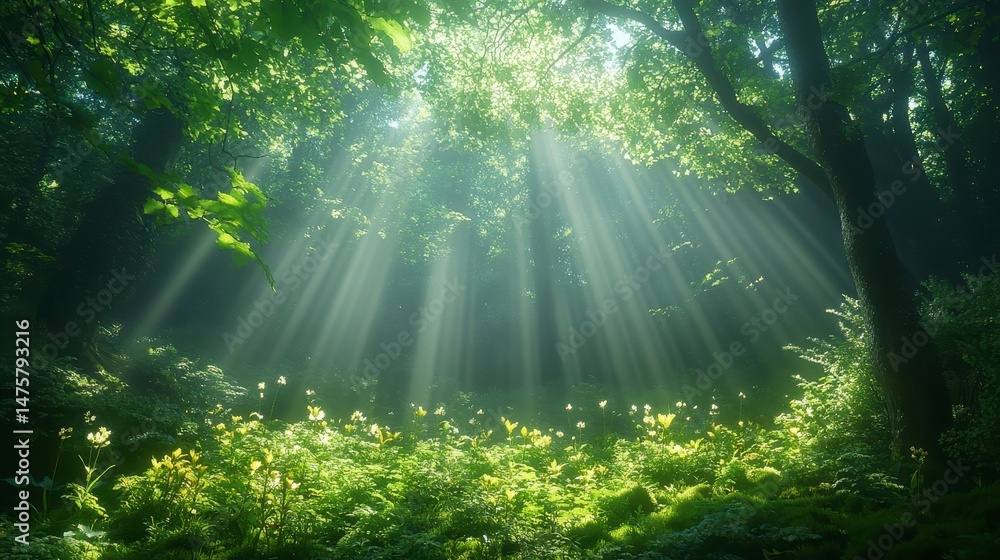 Obraz premium Sunbeams filter through lush, green forest foliage onto a wildflower meadow