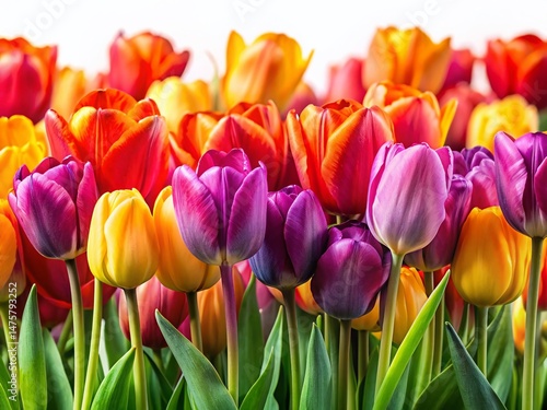 Vibrant Row of Colorful Tulips Isolated - Spring Floral Background
