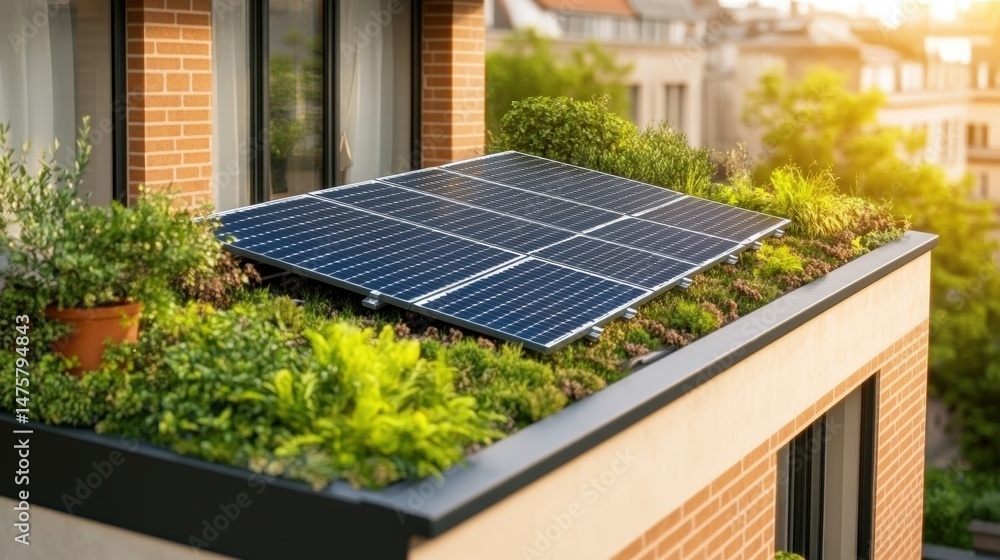 Fototapeta premium Solar panels atop urban green roof provide sustainable energy in residential city environment today.