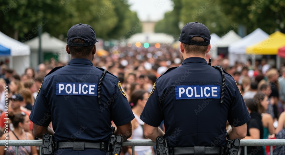 Two police officers stand guard, facing away from the camera, overlooking a large crowd gathered at an outdoor public event with tents visible in the background. Two police officers stand guard, facing away from the camera, overlooking a large crowd gathered at an outdoor public event with tents visible in the background.