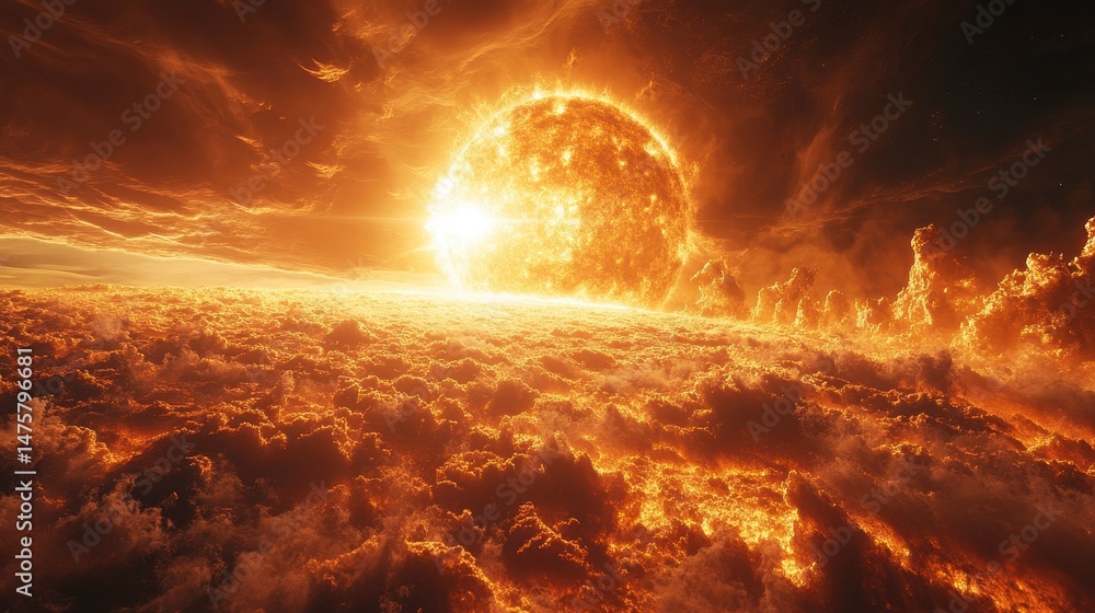 Naklejka premium Fiery orb blazing above dense, textured clouds, evoking heat and intensity