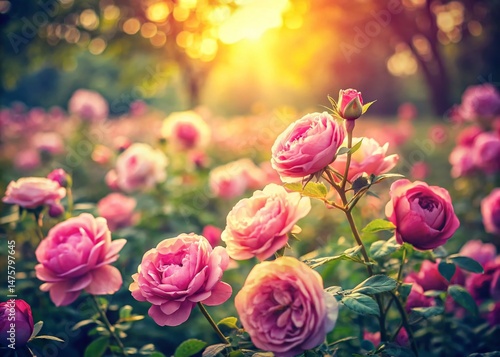 Vintage Pink Roses Blooming in Garden - Retro Hipster Style Landscape Photography