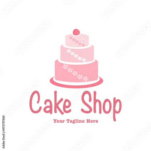 Cake Shop Logo Vector – Strawberry Cake with Cherry Blossom Illustration
