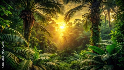 Vintage Rainforest Sunset: Golden Hour in Lush Canopy