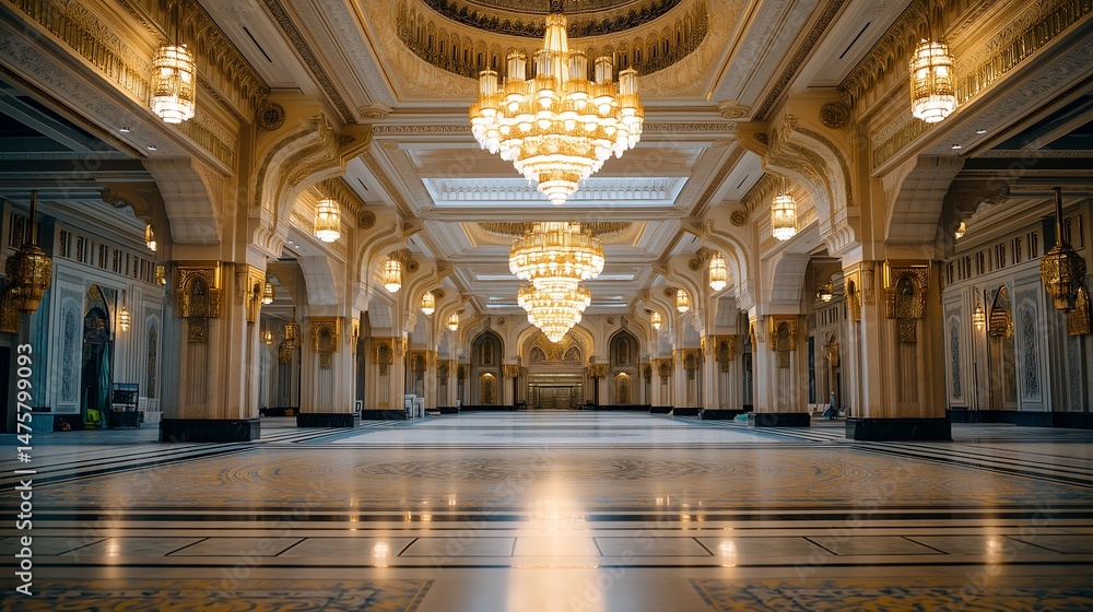 Obraz premium Ornate Hallway with Chandeliers and Marble Floor