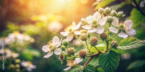 Vintage Style Photo: Delicate White Blackberry Blossoms in a Garden