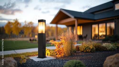 A modern landscape lighting fixture illuminates the front yard of a contemporary home at twilight hours.