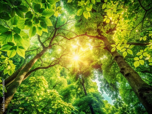 Vintage Sun-Dappled Canopy: Lush Greenery Overhead Stock Photo