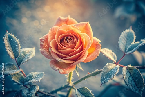 Vintage Winter Bloom: A Solitary Orange Rose in Faded Glory