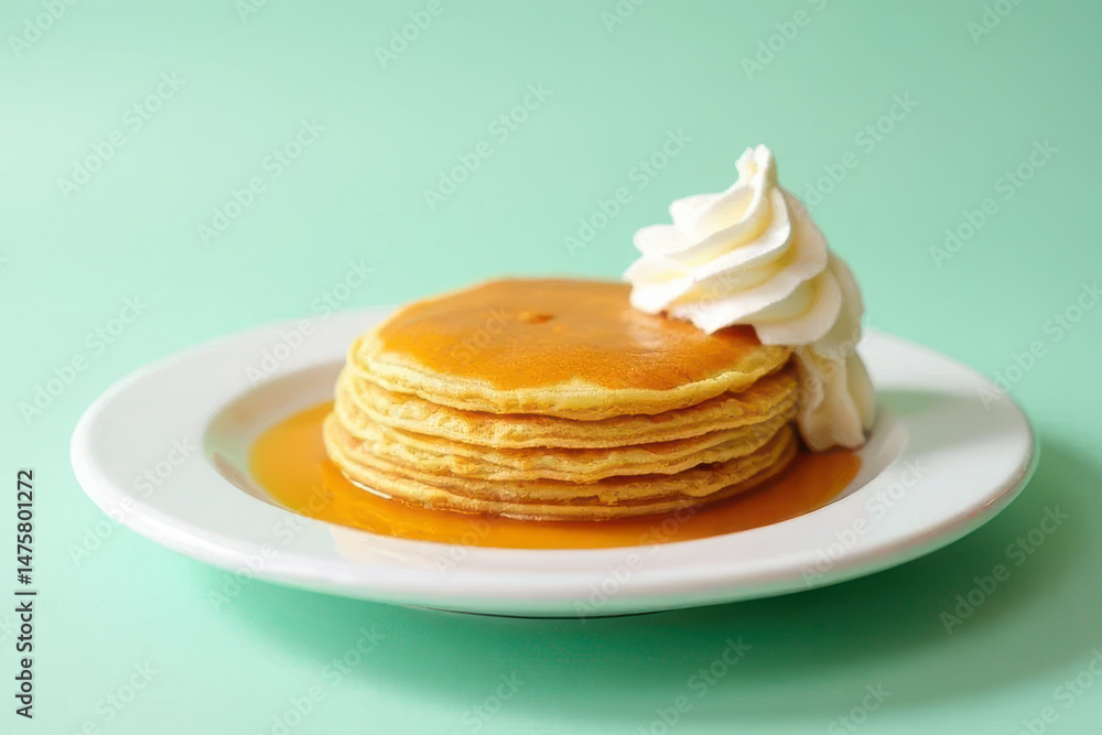 Tempting Thai Tea Crepe Cake: Minimalist Food Photography on Mint Background Tempting Thai Tea Crepe Cake: Minimalist Food Photography on Mint Background