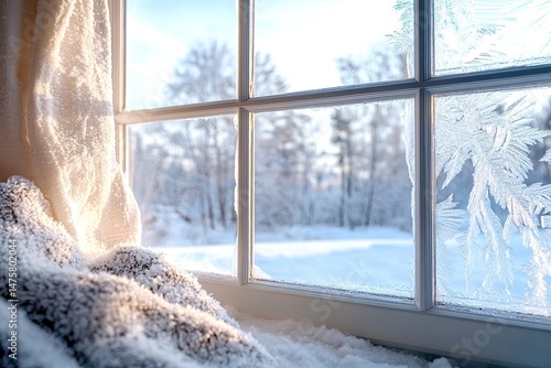 Sunlit winter scene viewed through a frosty window, with a cozy blanket nearby