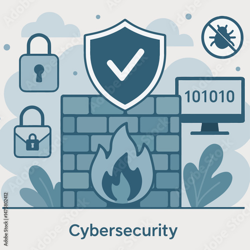 Vector illustration of cybersecurity firewall protecting data. Shield with checkmark, firewall, locks, and computer icons symbolizing data protection and online security.

