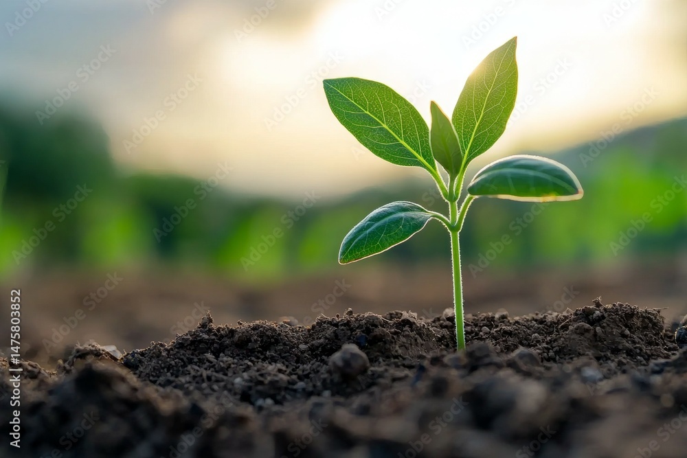 Fototapeta premium Small green plant is growing in the dirt