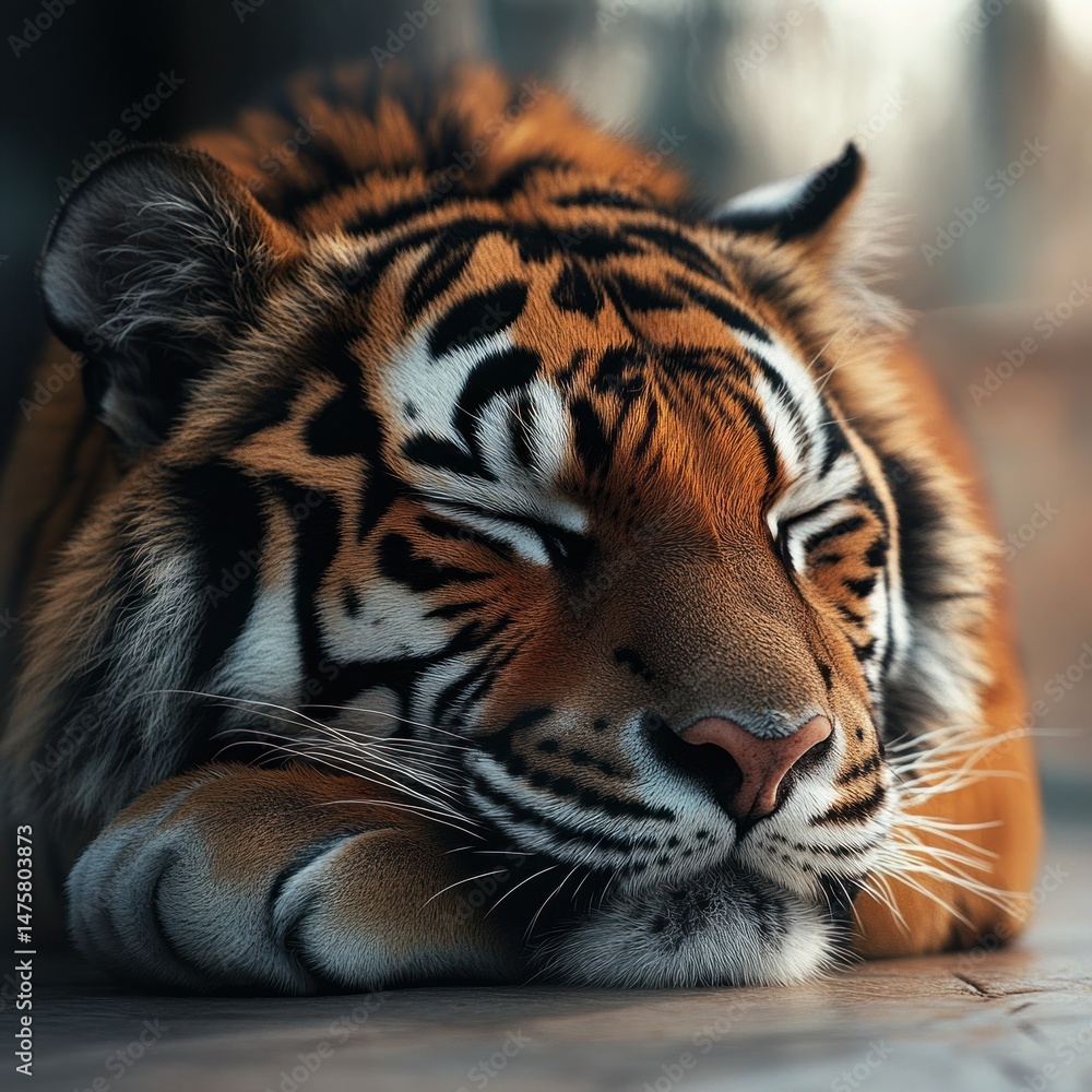 Naklejka premium Peaceful tiger resting. Close-up of a slumbering tiger, showcasing intricate stripes and soft fur