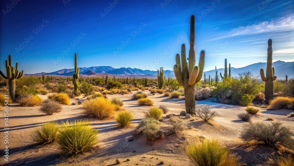 Obraz premium Desert landscape with dry plants and cacti under clear blue sky, botanicals, cacti, botanicals, cacti