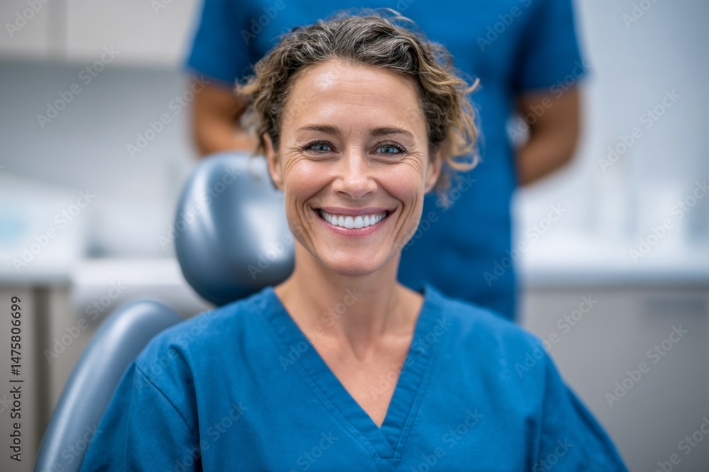 Fototapeta premium Smiling caucasian female dentist in blue scrubs at dental clinic