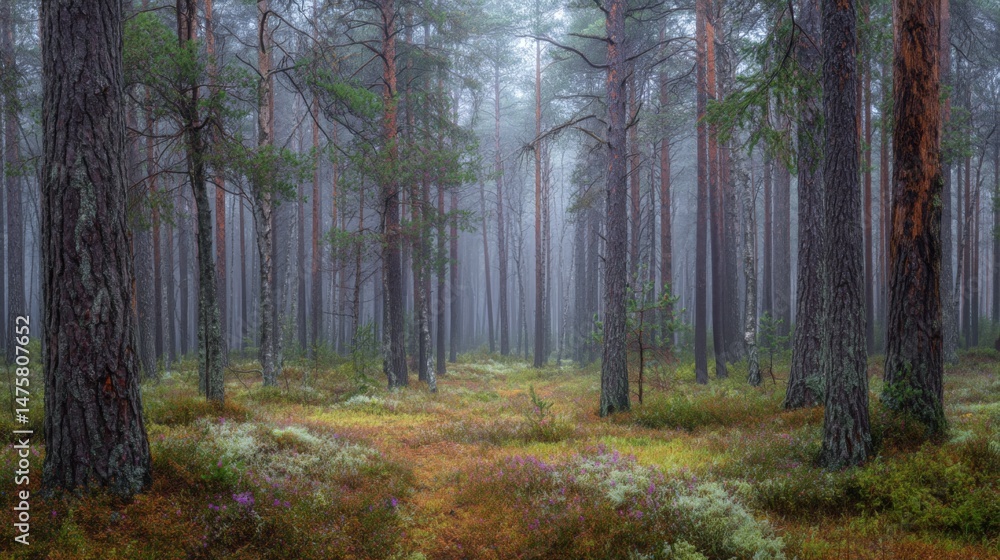 Fototapeta premium Serene Misty Forest with Majestic Pine Trees and Lush Greenery in Early Morning Light