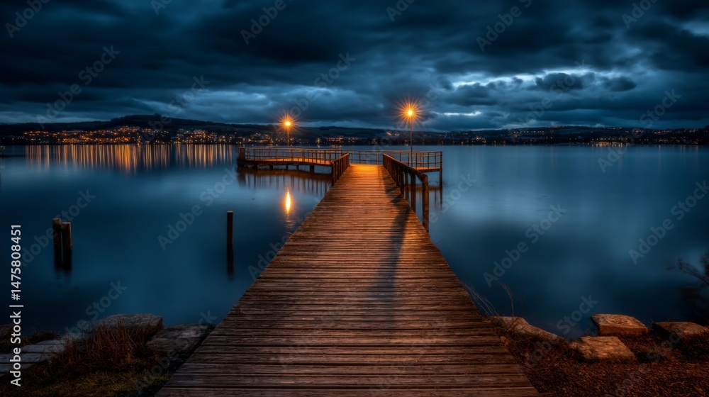 Fototapeta premium Serene nighttime view of a wooden pier extending into a calm lake with reflections and glowing street lamps under cloudy sky