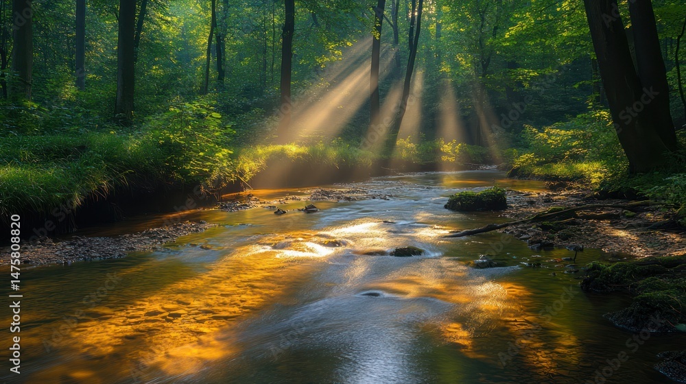 Obraz premium Golden light streams through majestic forest canopy over a tranquil river