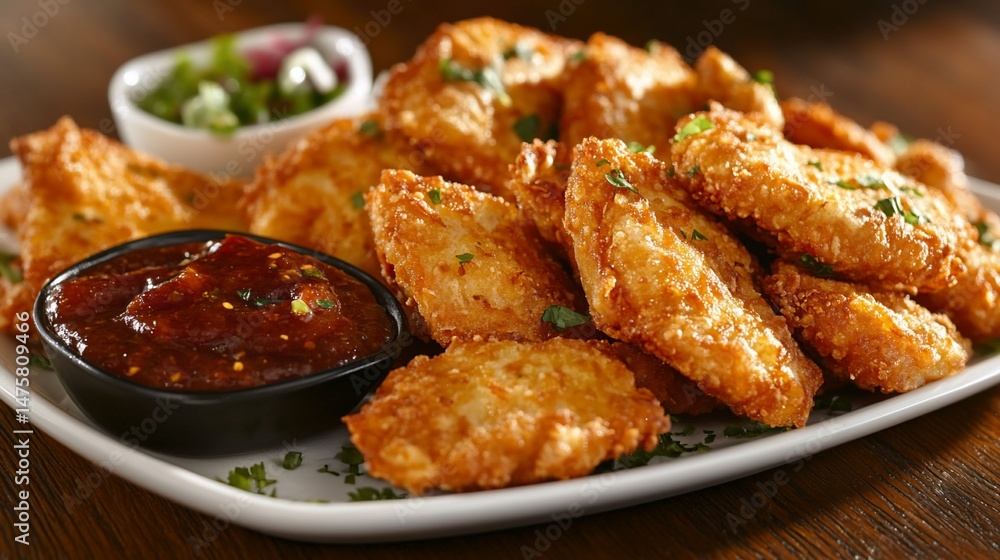 Crispy fried chicken nuggets served with dipping sauces Crispy fried chicken nuggets served with dipping sauces