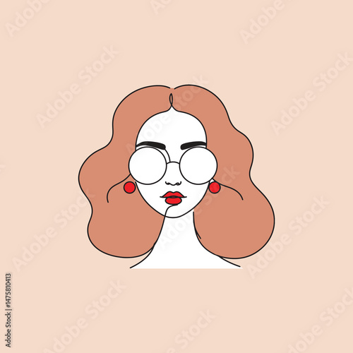  Stylish woman red earrings round glasses elegant portrait minimalist art design