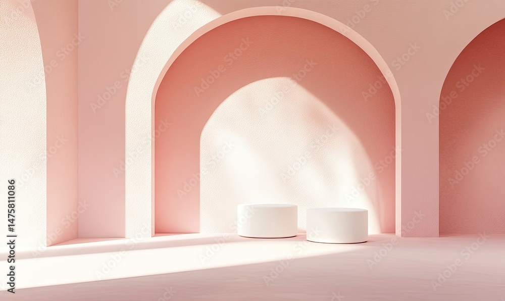 Sunlit pink arched room with two white cylindrical display stands Sunlit pink arched room with two white cylindrical display stands