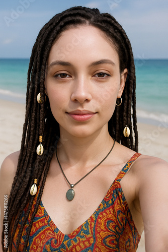 Portrait of a young beautiful woman with dreadlocks on the beach