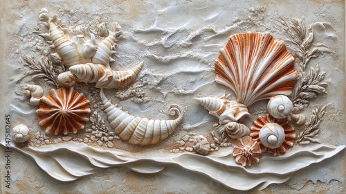 Beautiful Artistic Relief of Colorful Shells Displayed Against a Textured Light Background with Ocean Themes and Detailed Natural Patterns