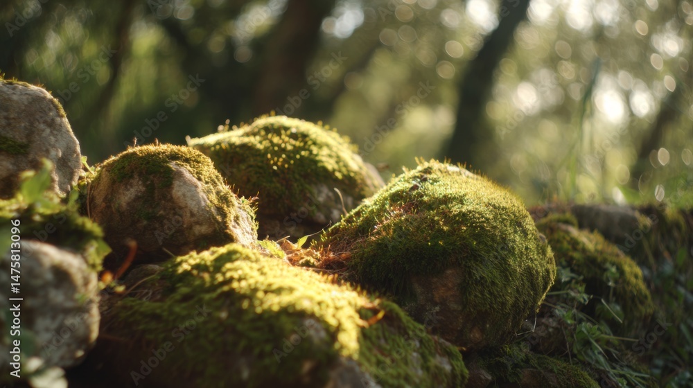 Obraz premium Lush Green Moss Covering Rocks Under Soft Natural Light in a Tranquil Outdoor Environment