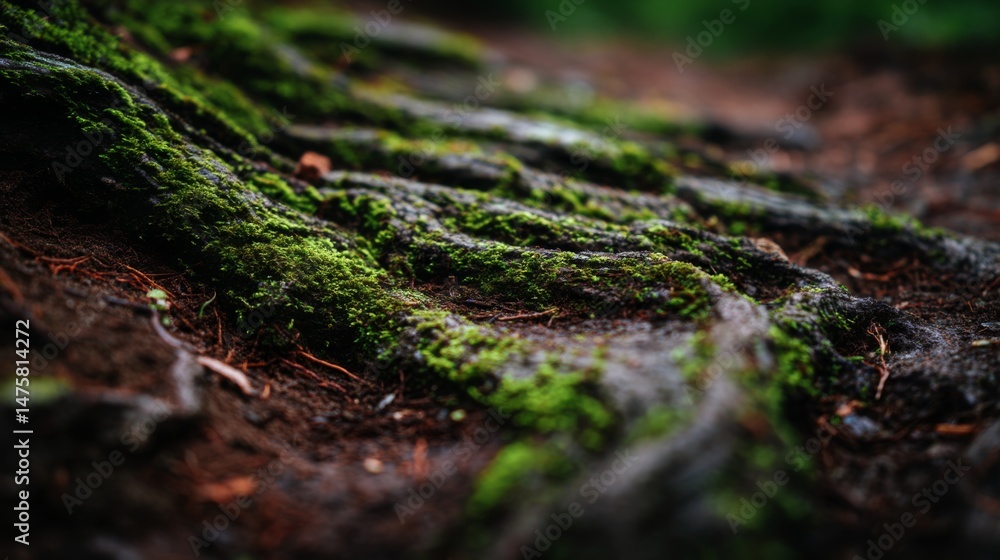 Detailed Close-Up of Green and Brown Mossy Tree Roots on Earthy Soil in a Lush Forest Setting Detailed Close-Up of Green and Brown Mossy Tree Roots on Earthy Soil in a Lush Forest Setting