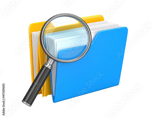 Colorful folders with magnifying glass for document analysis and search