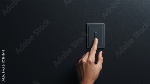 A hand is about to flip a black light switch on a dark textured wall.