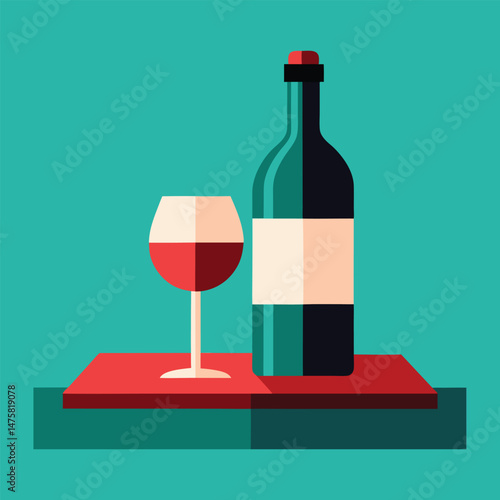 a bottle and glass of red wine on the table in vintage elegant minimal style vector