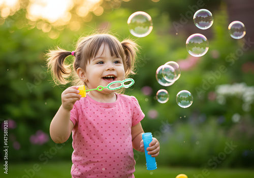 Fototapeta Naklejka Na Ścianę i Meble -  toddler girl playing with soap bubbles in the park