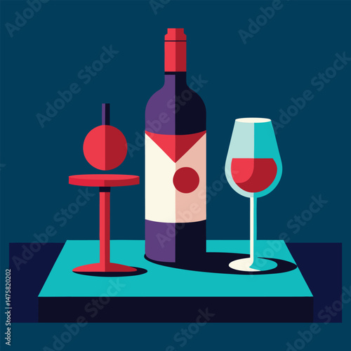 a bottle and glass of red wine on the table in vintage elegant minimal style vector