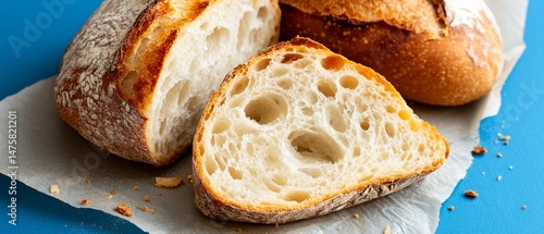 Close-up of artisan bread slices, showcasing a light-brown crust and airy interior  The sliced loaves reveal a porous texture, indicating a long fermentation process