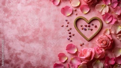 Heart-shaped frame surrounded by pink petals, roses, and decorative candies on a soft pastel background for romantic and love-themed projects and events