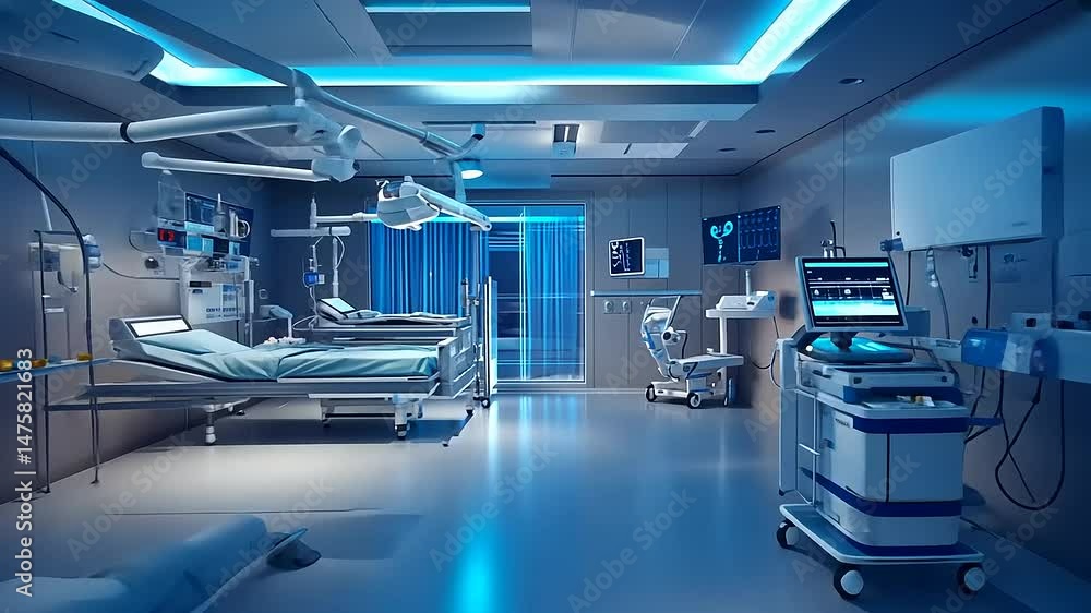 Modern hospital room featuring advanced medical equipment and a patient bed, illuminated by blue lights Modern hospital room featuring advanced medical equipment and a patient bed, illuminated by blue lights