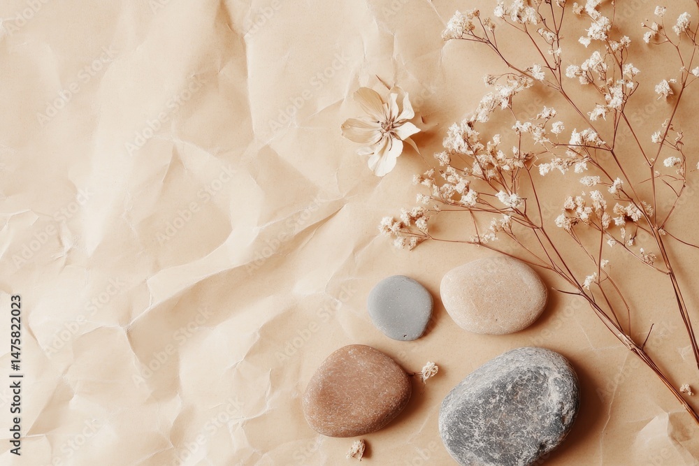 Dried flowers, smooth stones on crumpled paper background Dried flowers, smooth stones on crumpled paper background