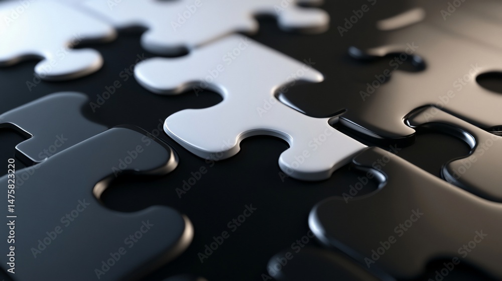 Black and White Puzzle Pieces Assembled on a Dark Background Concept Black and White Puzzle Pieces Assembled on a Dark Background Concept
