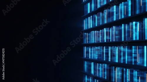Digital blue books on shelves, glowing in a dark, futuristic library setting.