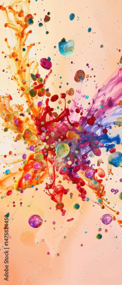 Fototapeta premium Frozen in time, a vibrant ink explosion of colorful splashes against a soft, neutral backdrop in high detail.