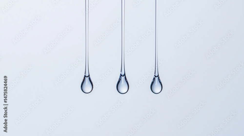 Three water droplets suspended in mid-air against a light, minimalistic background. Three water droplets suspended in mid-air against a light, minimalistic background.