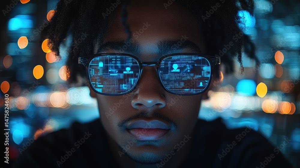 Focused young person with digital glasses Focused young person with digital glasses