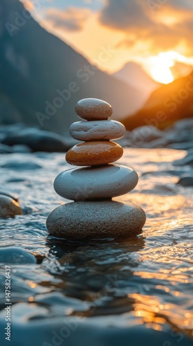 Balanced stones in a tranquil mountain stream at sunset.