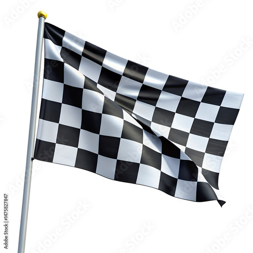 Illustrate a dynamic, waving checkered flag against a white background.