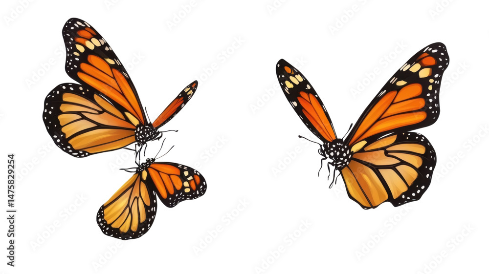 Obraz premium Monarch Butterfly Isolated on White Background with Detailed Wings and Vibrant Orange Patterns